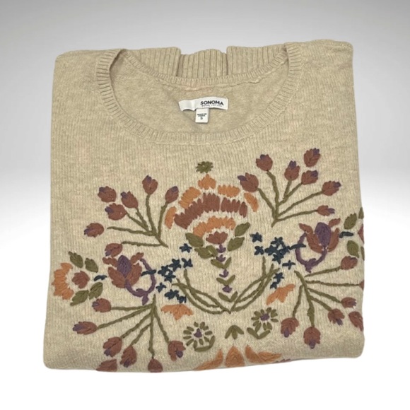 Sonoma Floral Embroidered Pullover Sweater Scoop Neck Relaxed Fit Beige Womens S - Picture 8 of 11